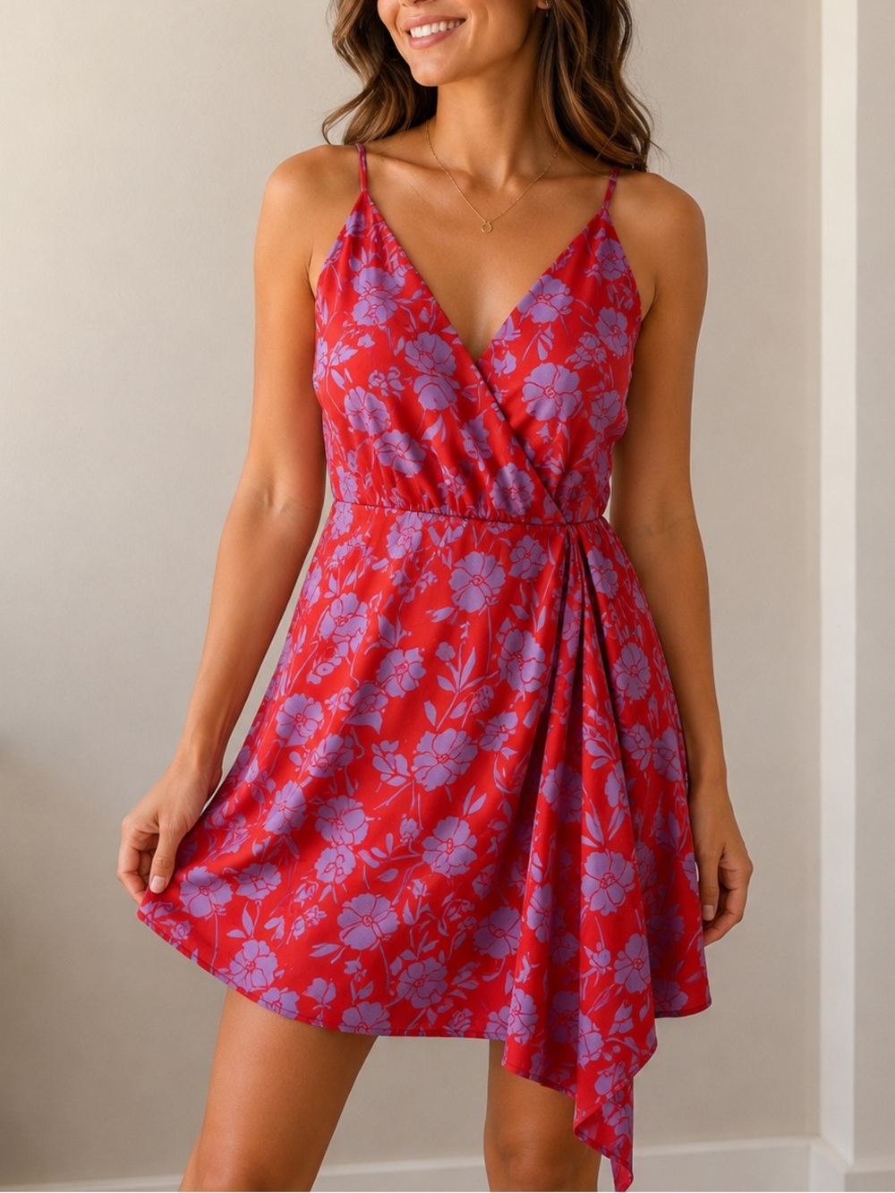 Lovers + Friends Red Purple Floral Wrap Mini Dress XS Strappy Back